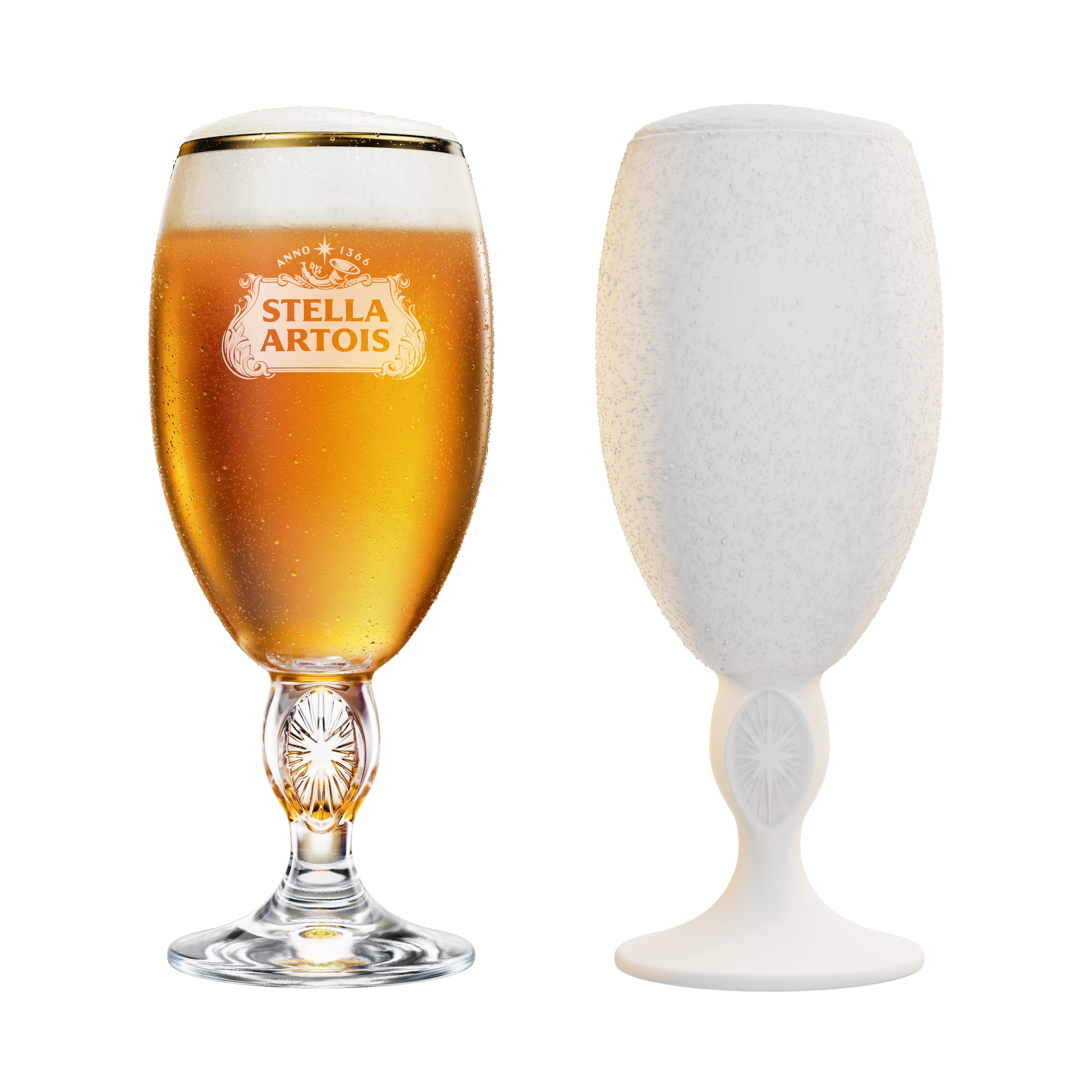 KeyShot rendering of Stella Artois beer in a glass.